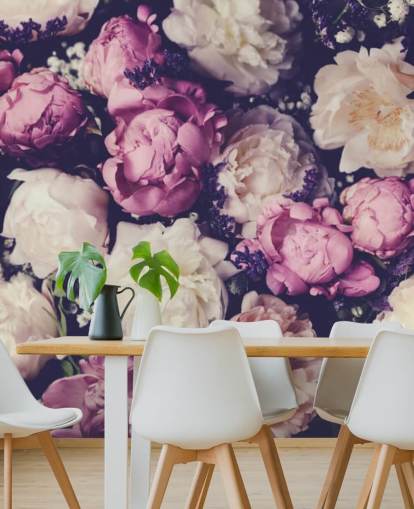 papel pintado de peonías blancas, rosas y moradas