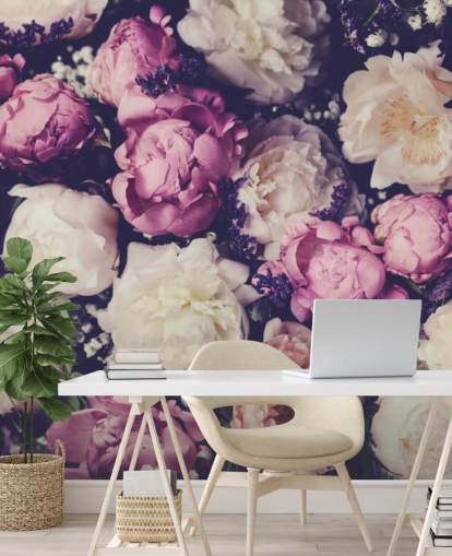 carta da parati peonie bianche, rosa e viola