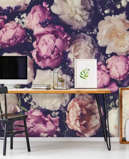 carta da parati peonie bianche, rosa e viola
