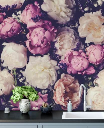 carta da parati peonie bianche, rosa e viola