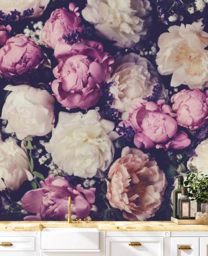 wit, roze en paars pioenrozen behang