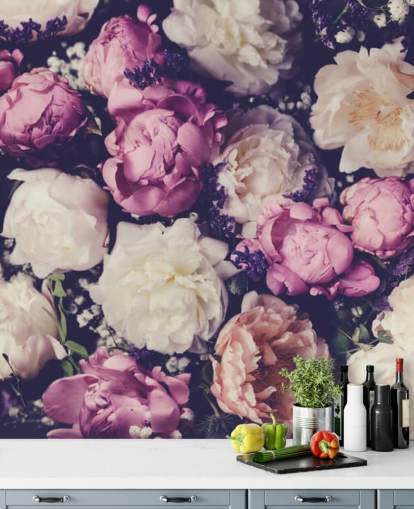 carta da parati peonie bianche, rosa e viola
