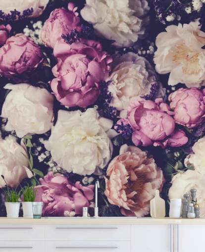 papier peint pivoines blanches, roses et violettes