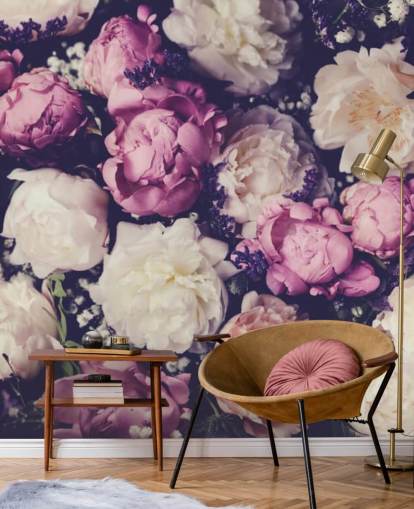 papel de parede peônias brancas, rosa e roxas