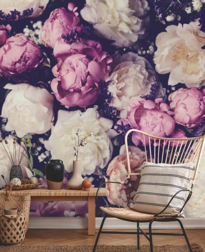 papel pintado de peonías blancas, rosas y moradas
