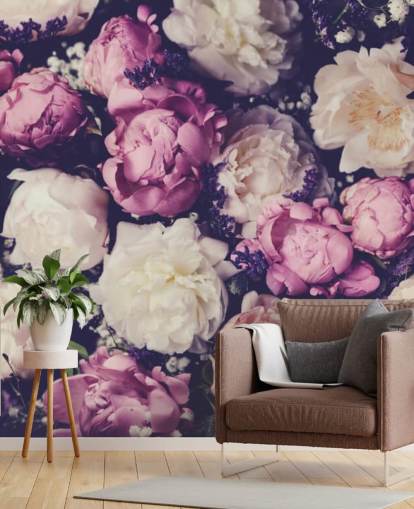 papel pintado de peonías blancas, rosas y moradas