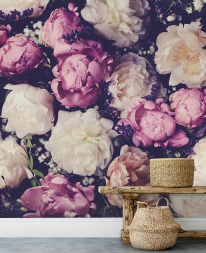 papel pintado de peonías blancas, rosas y moradas