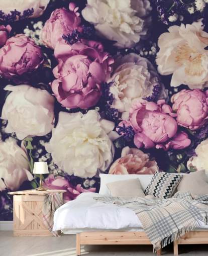 carta da parati peonie bianche, rosa e viola
