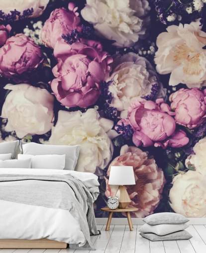 carta da parati peonie bianche, rosa e viola