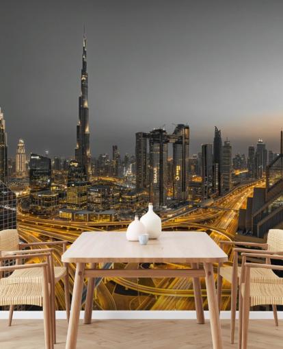 dubai's nachts verlicht met gouden verlichting behang