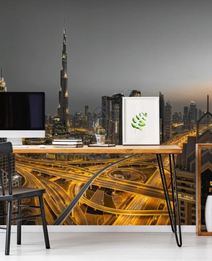 dubai à noite iluminado com papel de parede de iluminação dourada