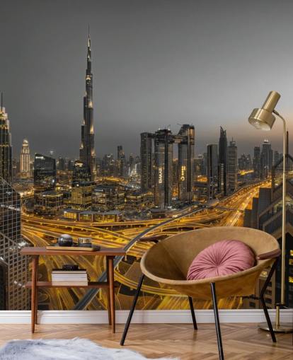 dubai at night lit up with golden lighting wallpaper