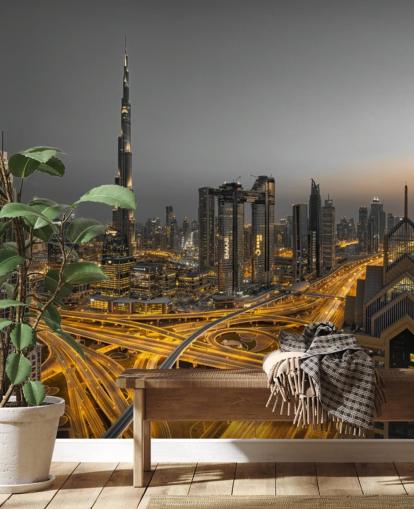 dubai en la noche iluminado con fondo de pantalla de iluminación dorada