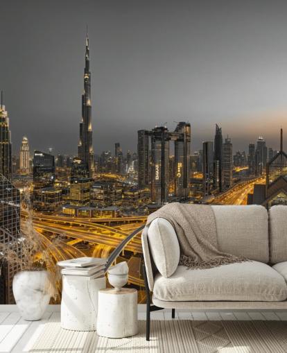 dubai at night lit up with golden lighting wallpaper