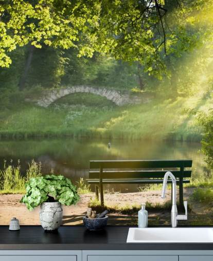 Park Bench and Bridge Wall Mural