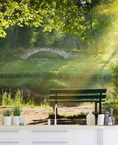 Park Bench and Bridge Wall Mural