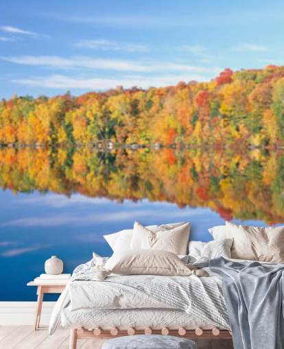 orange and yellow trees by lake wallpaper