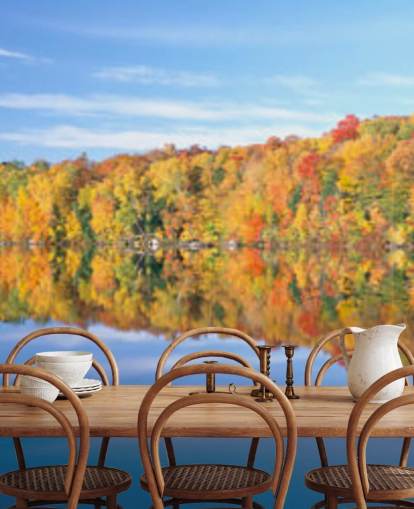 orange and yellow trees by lake wallpaper