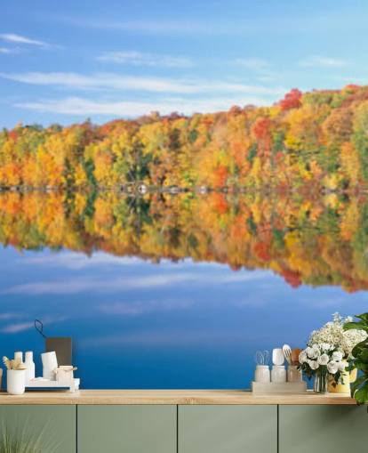 oranje en gele bomen per meer behang oranje en gele bomen per meer behang