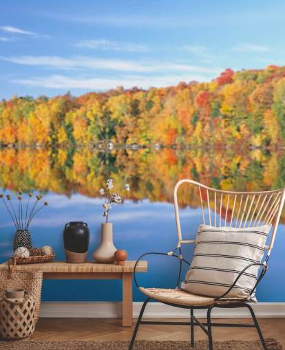 oranje en gele bomen per meer behang oranje en gele bomen per meer behang