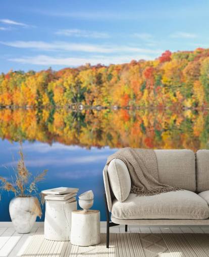 orange and yellow trees by lake wallpaper
