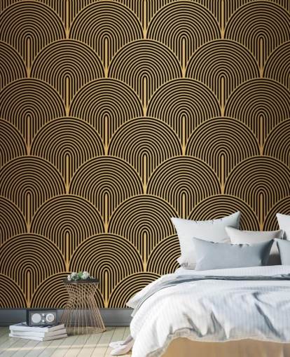 papel de parede de escamas de sereia em preto e dourado