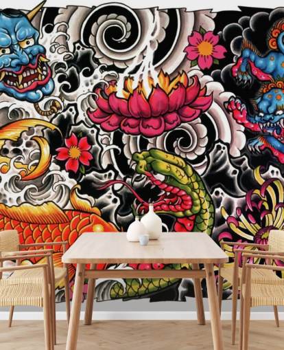 mural de papel de parede de grafite de estilo japonês personalizável chamado Tattoo para residências e empresas