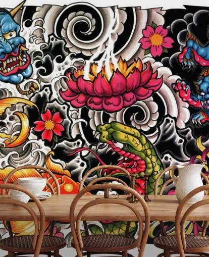 mural de papel de parede de grafite de estilo japonês personalizável chamado Tattoo para residências e empresas