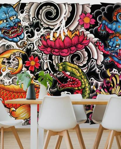 mural de papel pintado de graffiti de estilo japonés personalizable llamado Tattoo para hogares y negocios