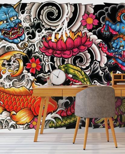 aanpasbare graffitibehangmuurschildering in Japanse stijl genaamd Tattoo voor huizen en bedrijven