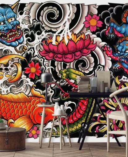 mural de papel de parede de grafite de estilo japonês personalizável chamado Tattoo para residências e empresas