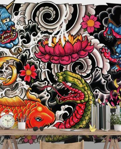 tilpassbar graffiti tapet veggmaleri i japansk stil kalt Tattoo for hjem og bedrifter