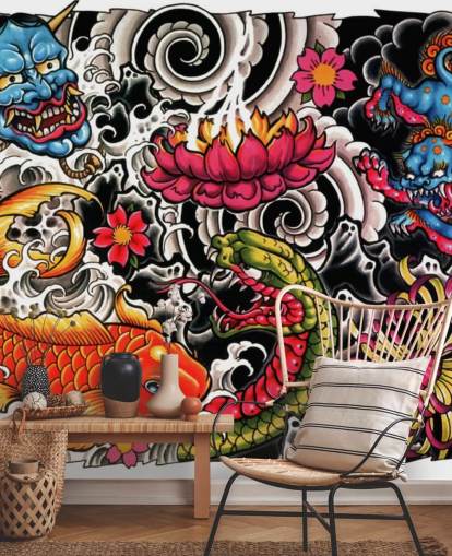 personalisierbares Graffiti-Tapeten-Wandbild im japanischen Stil namens Tattoo für Häuser und Unternehmen