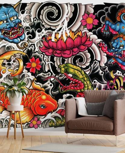 carta da parati murale personalizzabile con graffiti in stile giapponese chiamata Tattoo per case e aziende