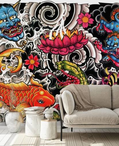mural de papel de parede de grafite de estilo japonês personalizável chamado Tattoo para residências e empresas