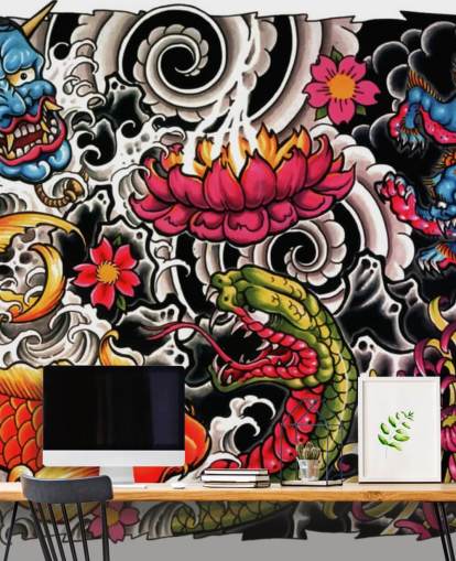 mural de papel pintado de graffiti de estilo japonés personalizable llamado Tattoo para hogares y negocios