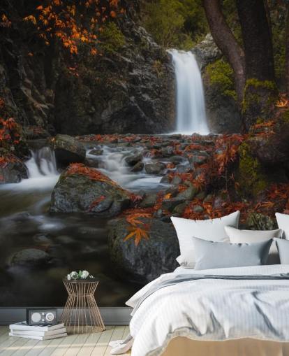 small waterfall in autumnal forest wallpaper