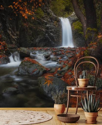 small waterfall in autumnal forest wallpaper