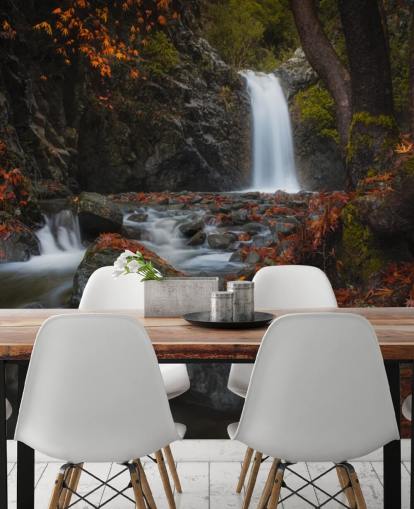 kleine waterval in herfstbosbehang