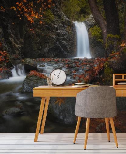 small waterfall in autumnal forest wallpaper