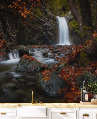 small waterfall in autumnal forest wallpaper
