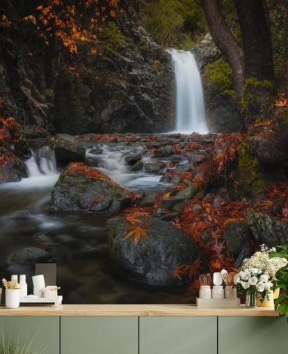 small waterfall in autumnal forest wallpaper