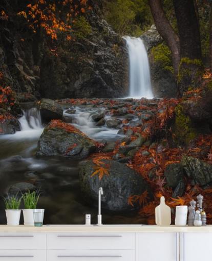 small waterfall in autumnal forest wallpaper small waterfall in autumnal forest wallpaper