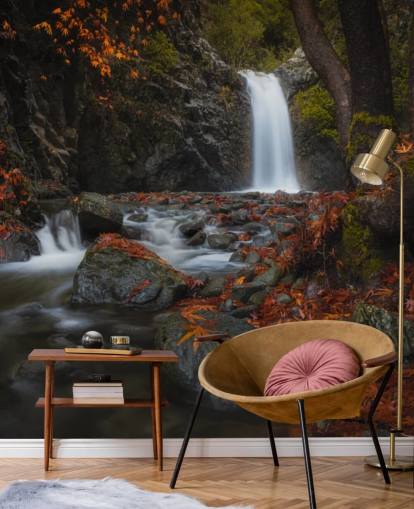small waterfall in autumnal forest wallpaper