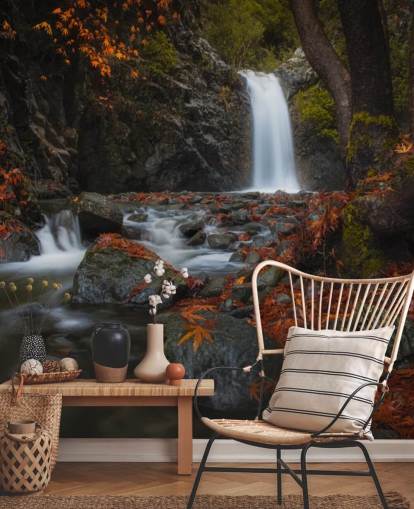 small waterfall in autumnal forest wallpaper