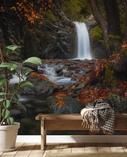 small waterfall in autumnal forest wallpaper