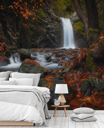 small waterfall in autumnal forest wallpaper