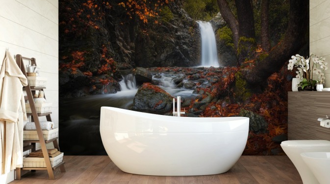 petite cascade dans le papier peint de la forêt automnale