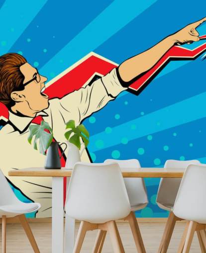 kantoorman met bril doet een dab in pop art stijl behang