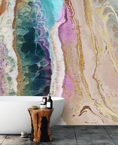 mural de papel de parede de geodo personalizável roxo, rosa e dourado chamado Rock Pool Beach de Lara Skinner para lounges